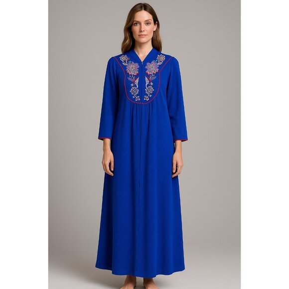 Vintage Vanity Fair Royal Blue Embroidered Zip Robe Lounge Dress Made in USA L/X - Picture 1 of 8